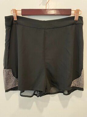 In Style Black Beaded Chiffon Overlay Shorts - Size Large